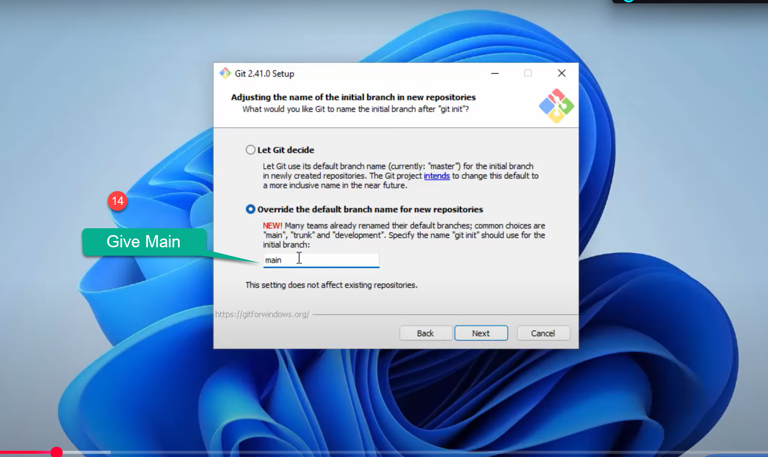 Git setup screen to override the default branch name, with main typed in