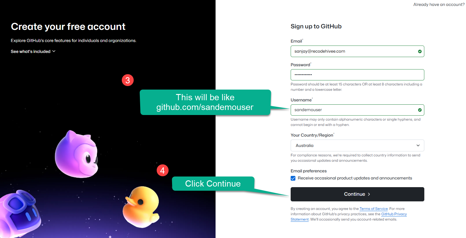 GitHub signup form where you pick a username and solve the puzzle